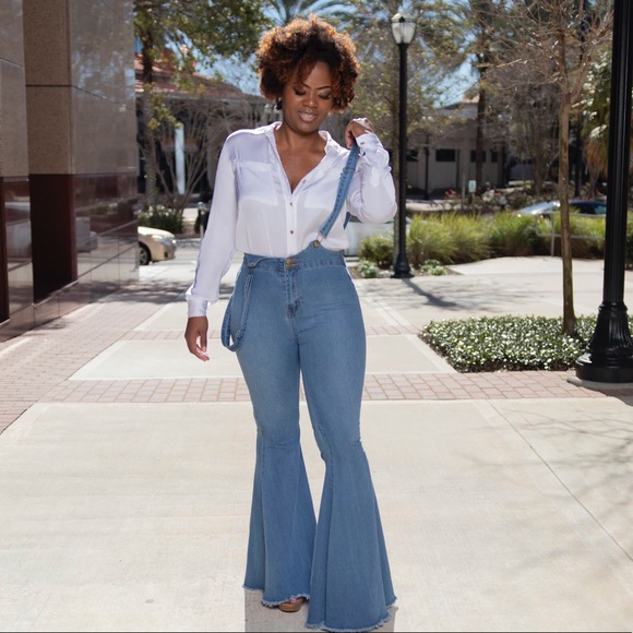 New Medium Wash Flared Jeans Overalls - Picture 4 of 4